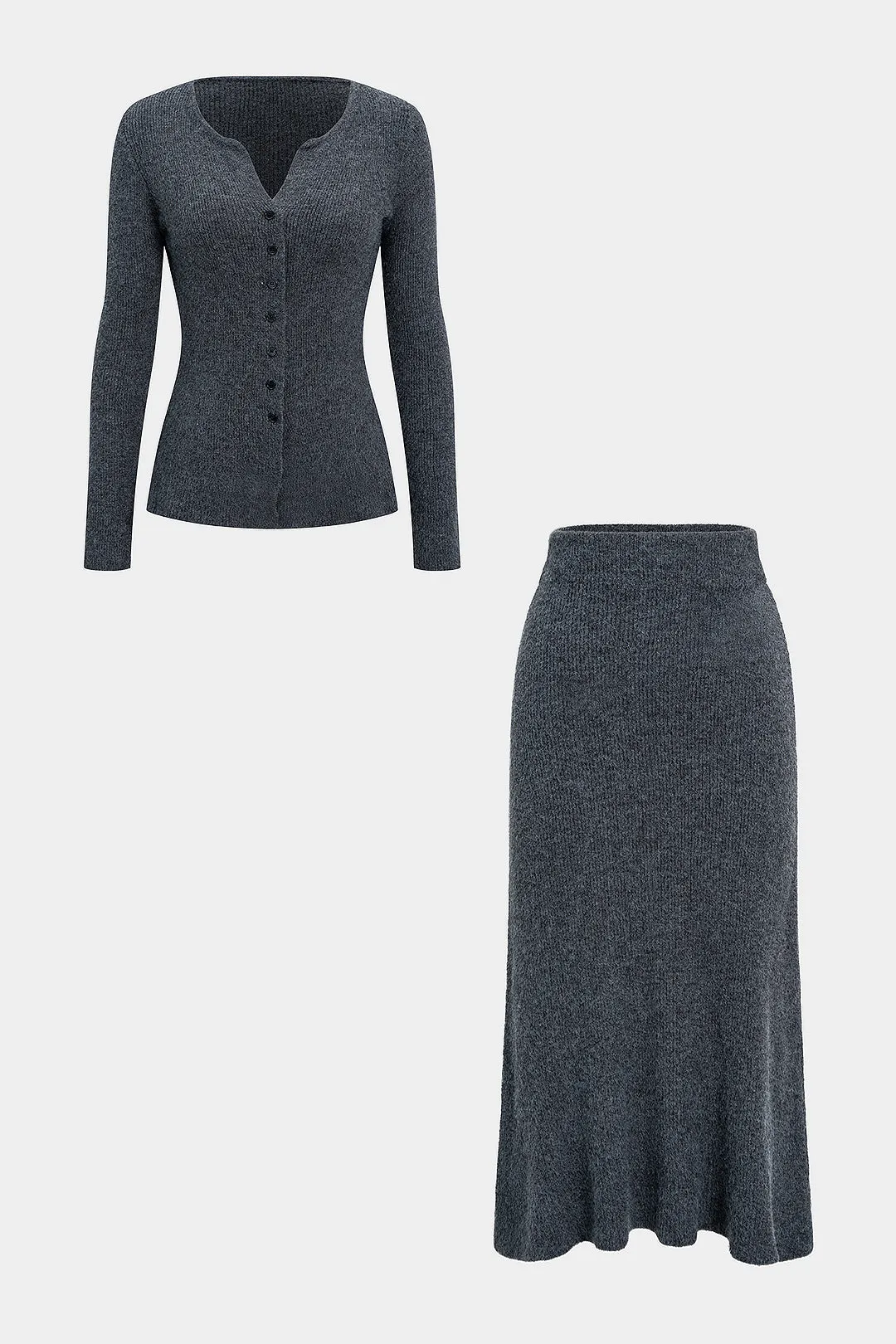 Knit V-Neck Button Long Sleeve Top And High Waist Skirt Set sold by Micas