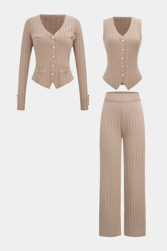 Knit V-Neck Metallic Button Long Sleeve Top And Vest And Wide Leg Pants Set sold by Micas