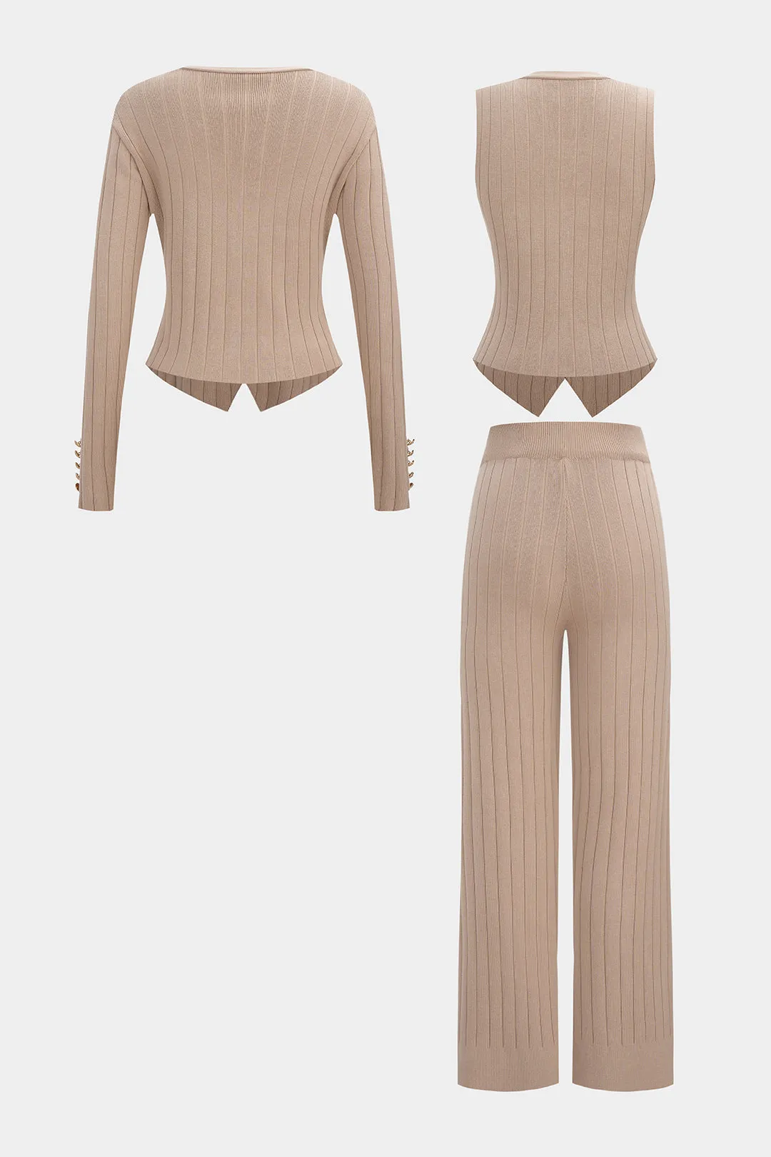 Knit V-Neck Metallic Button Long Sleeve Top And Vest And Wide Leg Pants Set sold by Micas product image thumbnail 2