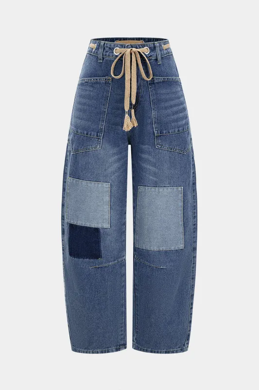 Denim Contrast Drawstring Wide Leg Jeans sold by Micas