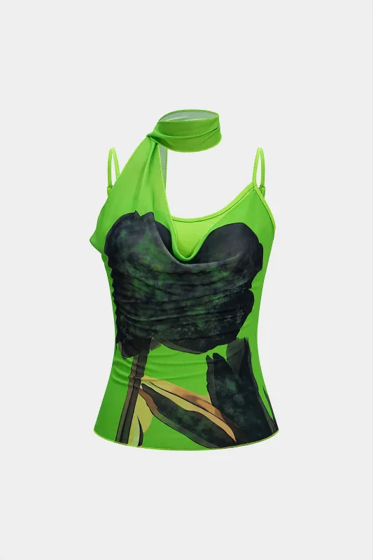Artistic Print Draped Cowl Neck Asymmetrical Cami Top sold by Micas