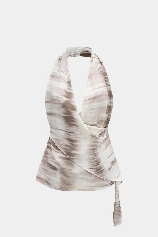 Tie Dye Print Halter Draped Cowl Neck Asymmetrical Top made by Micas