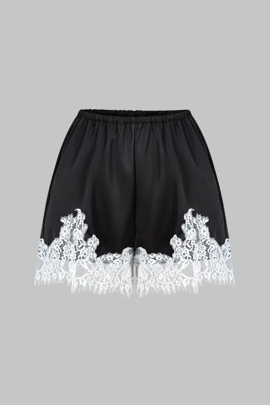 Satin Patchwork Lace Trim Shirred Waistband Shorts sold by Micas