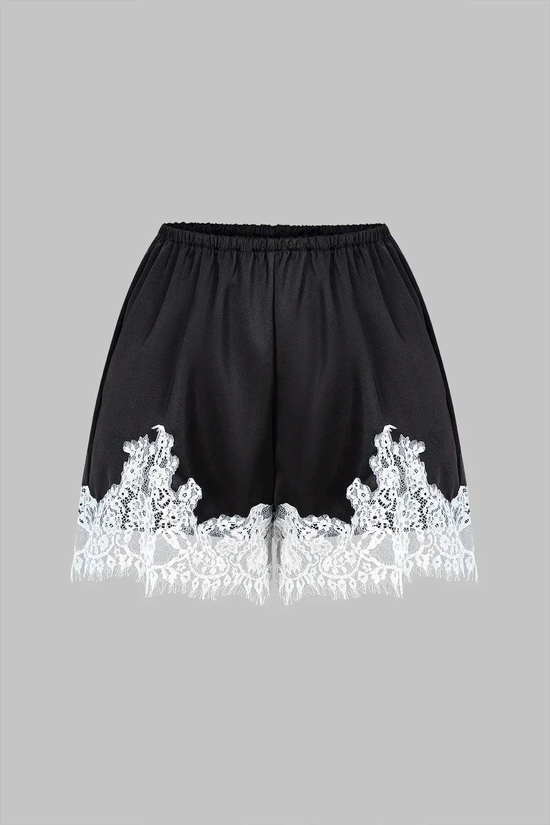 Satin Patchwork Lace Trim Shirred Waistband Shorts sold by Micas