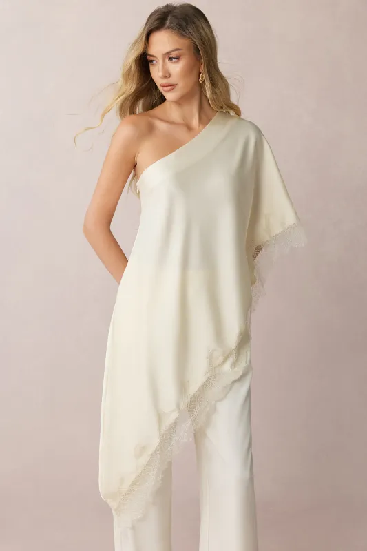 Satin Lace Trim One Shoulder Asymmetrical Short Sleeve Sweatshirt sold by Micas