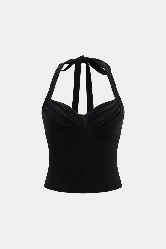 Halter Neck Tie-Up Ruched Zipper Cami Top sold by Micas