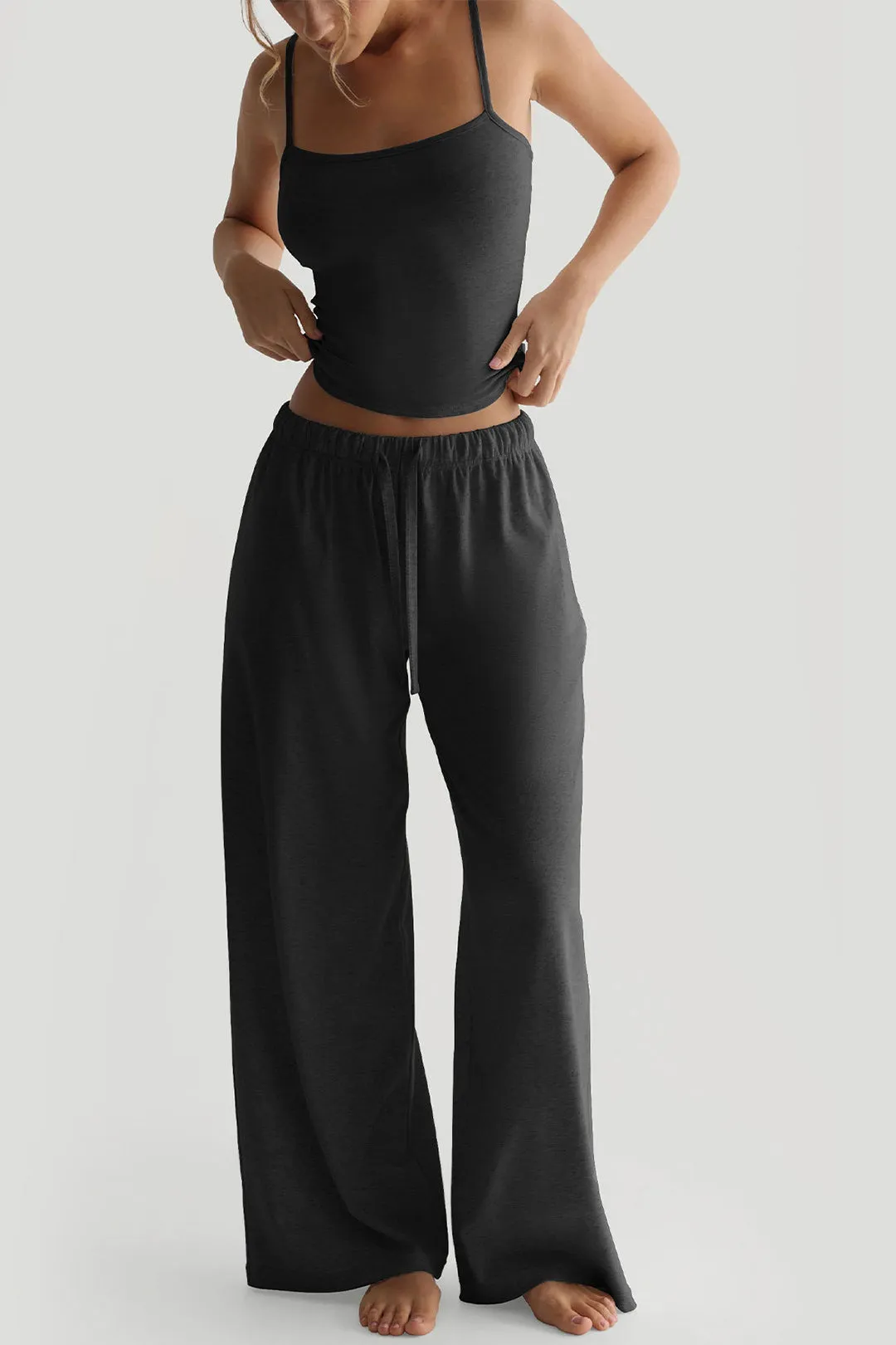Solid Basic Cropped Cami Top And Drawstring Wide Leg Pants Set sold by Micas product image thumbnail 5