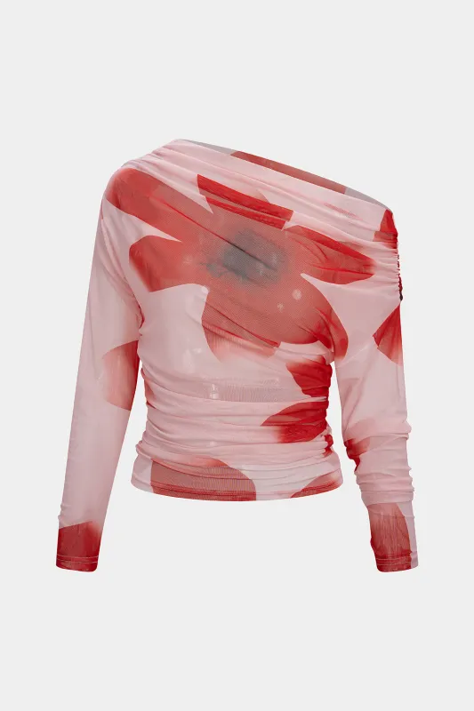 Floral Print Mesh One Shoulder Ruched Long-Sleeve Top sold by Micas