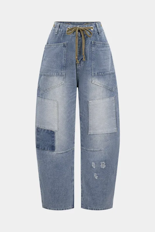 Denim Contrast Drawstring Wide Leg Jeans sold by Micas