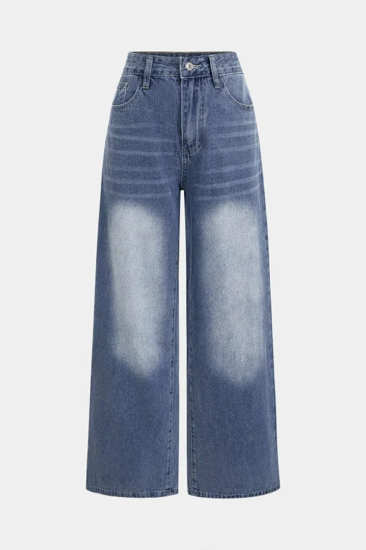 Denim Heart-Shaped Pocket Wide-Leg Jeans sold by Micas