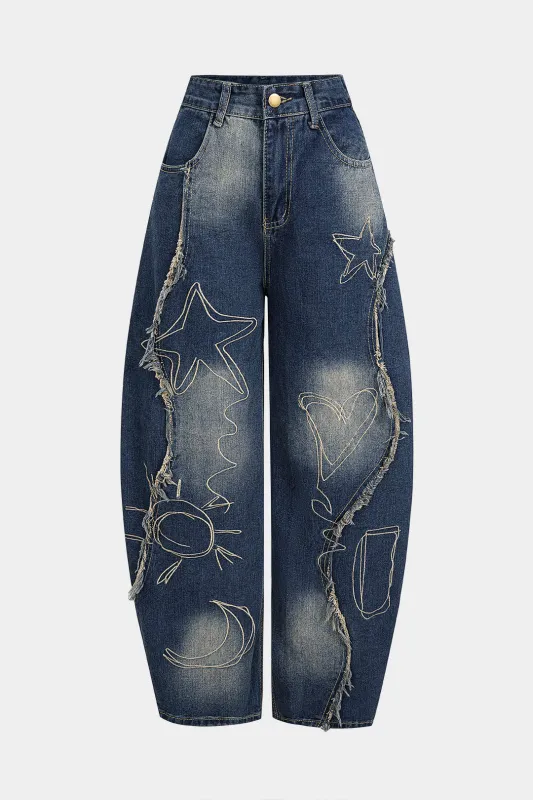 Denim Geometric Pattern Frayed Pocket Straight Leg Jeans sold by Micas