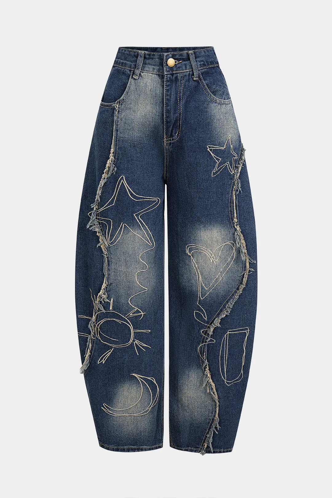 Denim Geometric Pattern Frayed Pocket Straight Leg Jeans sold by Micas