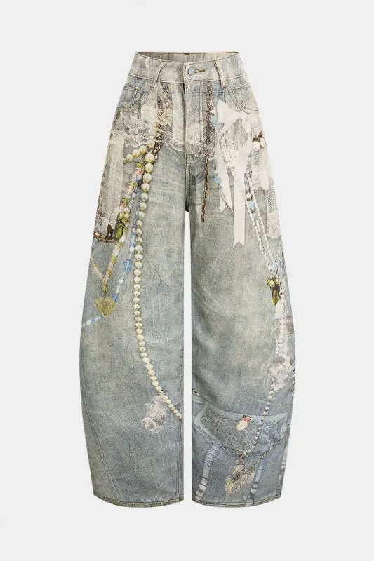 Denim Abstract Print Wide Leg Pants sold by Micas