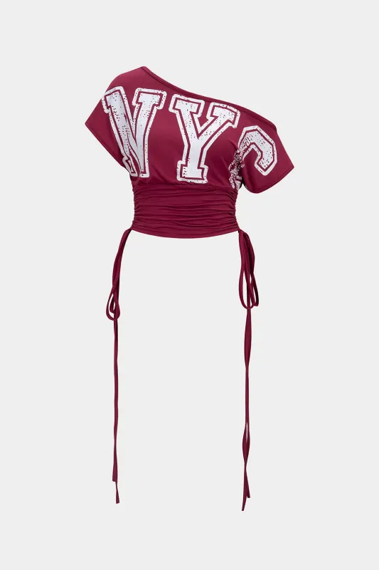 Letter Print One Shoulder Waist Drawstring Ruched Short Sleeve T-Shirt sold by Micas