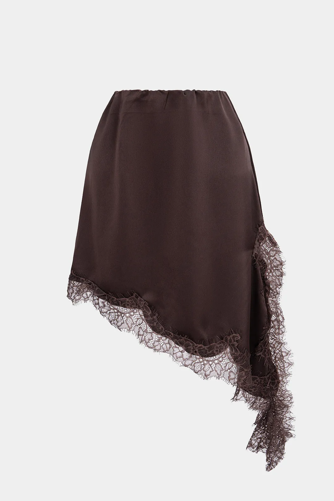 Satin Lace Trim Asymmetrical A-Line Skirt sold by Micas