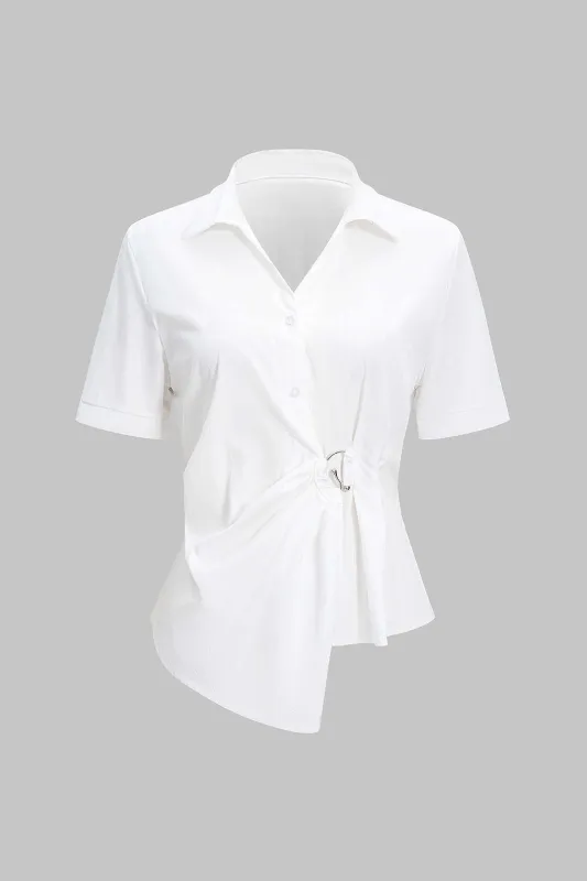 Metallic Asymmetrical Waist-Cinching Short Sleeve Shirt sold by Micas