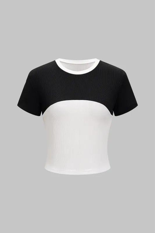 Contrast Round Neck Backless Short Sleeve T-Shirt made by Micas