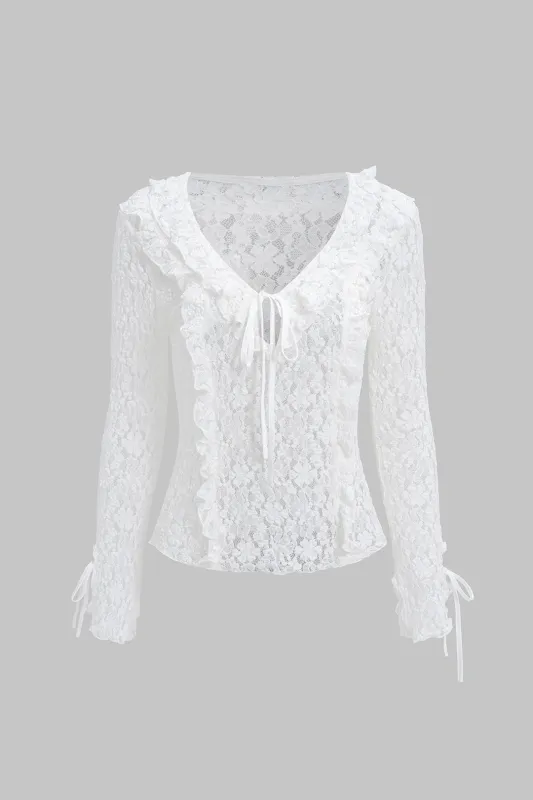 Lace V-Neck Tie Up Ruffle Long-Sleeve Top sold by Micas