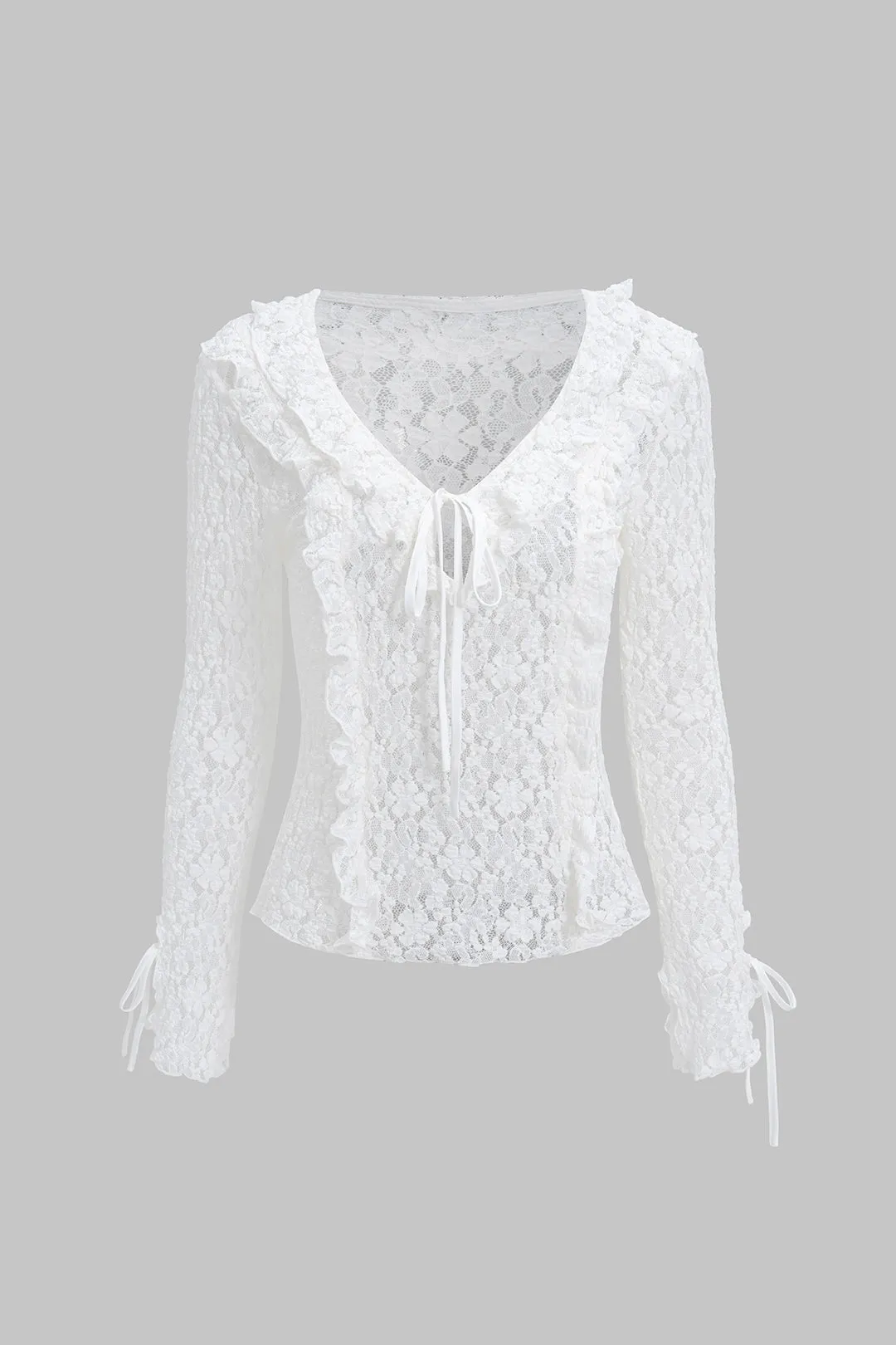 Lace V-Neck Tie Up Ruffle Long-Sleeve Top sold by Micas