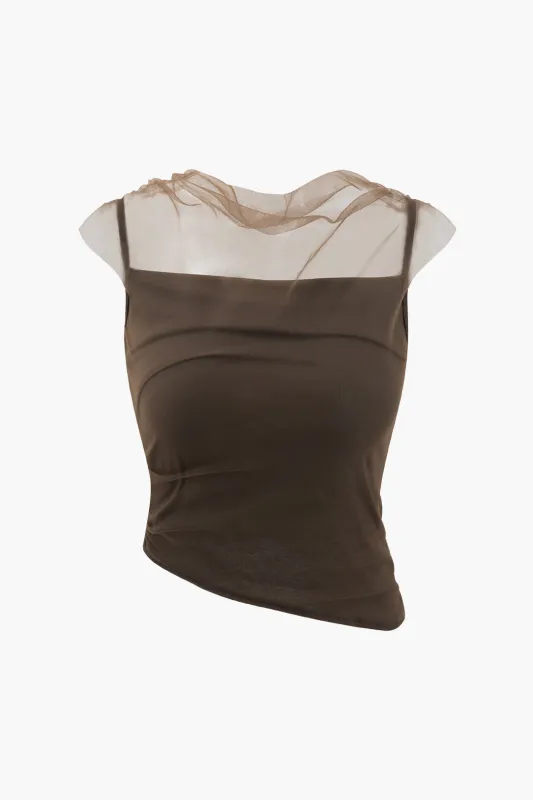 Mesh Patchwork Asymmetrical Sleeveless Cami Top sold by Micas