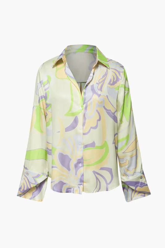 Satin Floral Print Button Long-Sleeve Shirt sold by Micas