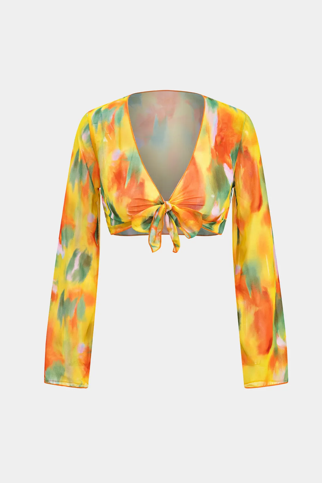 Watercolor Print Chiffon Tie Front Long Sleeve Top And Wide Leg Pants Set sold by Micas product image thumbnail 4