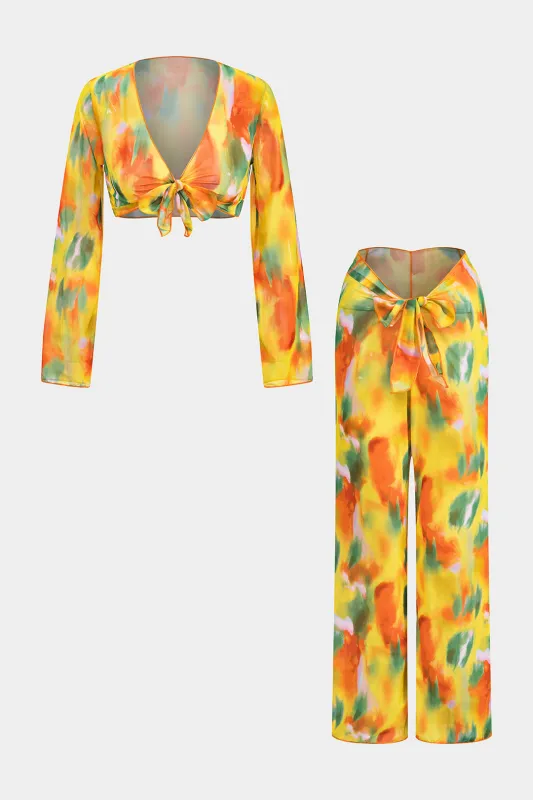 Watercolor Print Chiffon Tie Front Long Sleeve Top And Wide Leg Pants Set sold by Micas