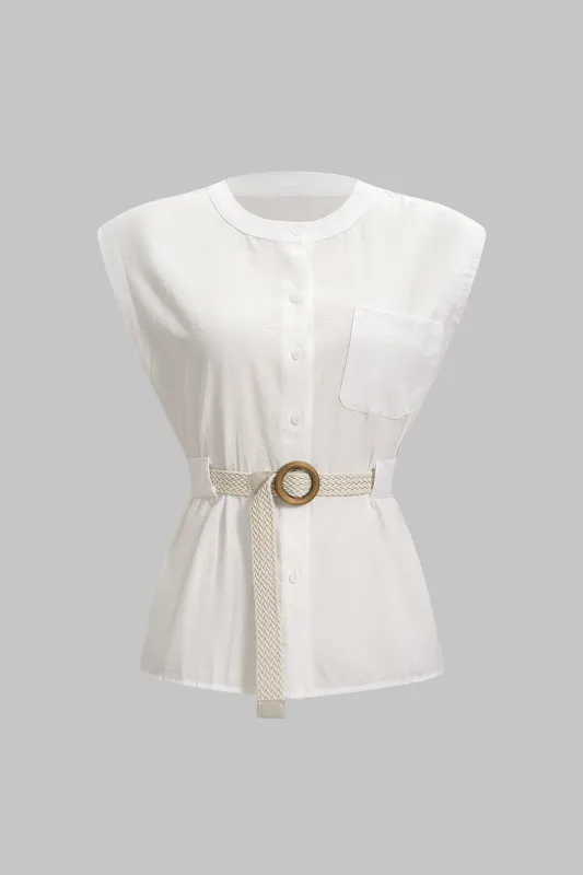 Round Neck Belted Pocket Sleeveless Top sold by Micas