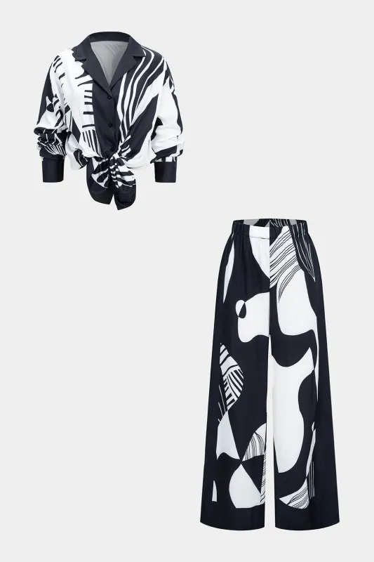 Abstract Contrast Print Lapel V-Neck Long Sleeve Shirt And Wide Leg Pants Set sold by Micas