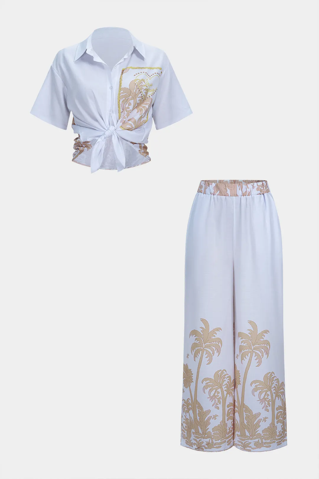 Coconut Palm Print Lapel Short Sleeve Shirt And Wide Leg Pants Set sold by Micas