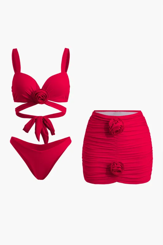 3D Flower Decor Tie Up Ruched Bikini Set sold by Micas