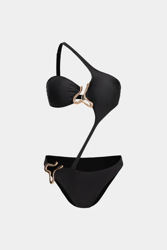 Metallic Decor Asymmetrical One Shoulder Cut Out Swimsuit sold by Micas