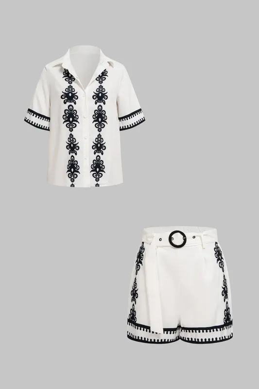 Contrast Print Button Short Sleeve Shirt And Belted Shorts Set made by Micas