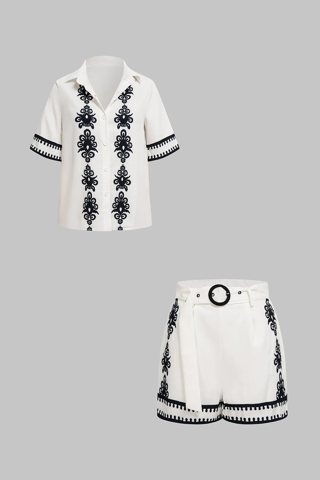 Contrast Print Button Short Sleeve Shirt And Belted Shorts Set sold by Micas
