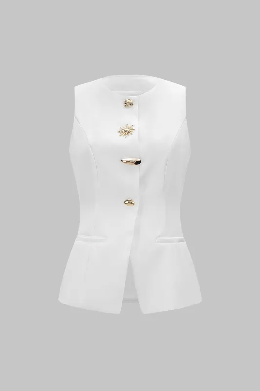 Irregular Metallic Button Round Neck Vest made by Micas