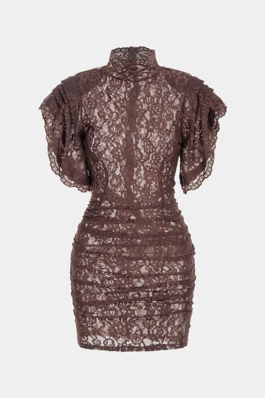 Sheer Lace Mock Neck Ruched Short Sleeve Mini Dress sold by Micas