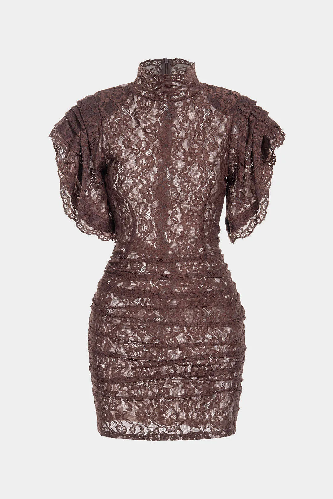 Sheer Lace Mock Neck Ruched Short Sleeve Mini Dress sold by Micas