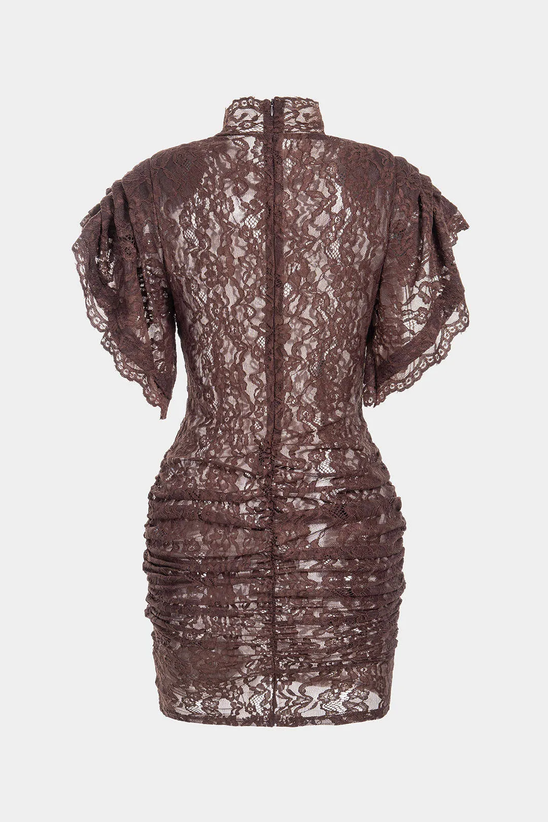 Sheer Lace Mock Neck Ruched Short Sleeve Mini Dress sold by Micas product image thumbnail 2