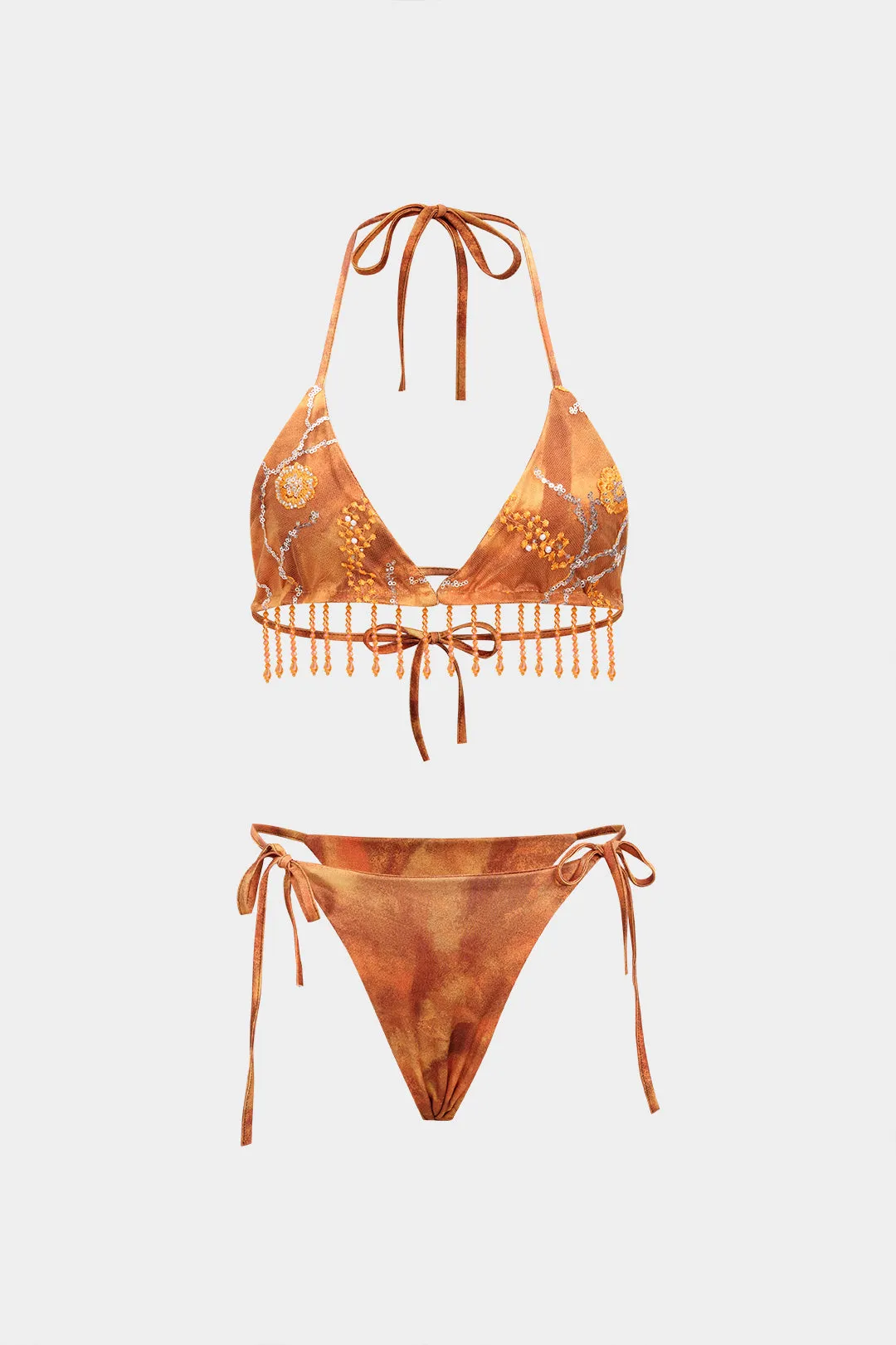 3D Flower Sequin Mesh Halter Tie-Up Fringe Bikini Set sold by Micas