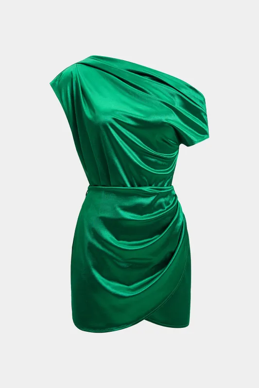 Satin One Shoulder Ruched Top And Asymmetrical Skirt Set sold by Micas