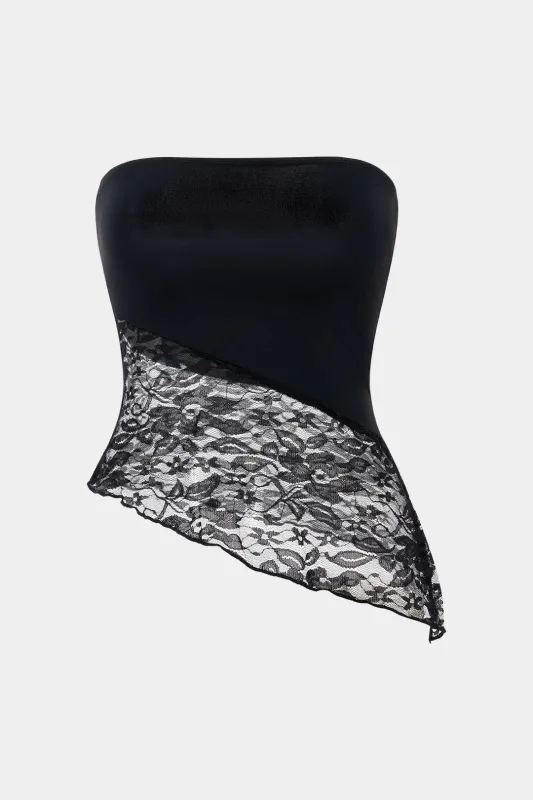 Satin Patchwork Lace Asymmetrical Tube Top sold by Micas