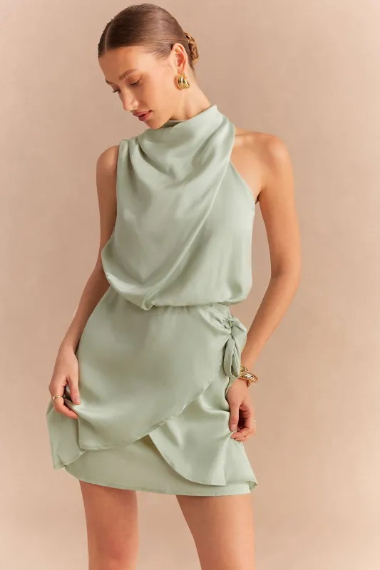Satin Halter Asymmetrical Ruched Tie-Up Sleeveless Mini Dress sold by Micas
