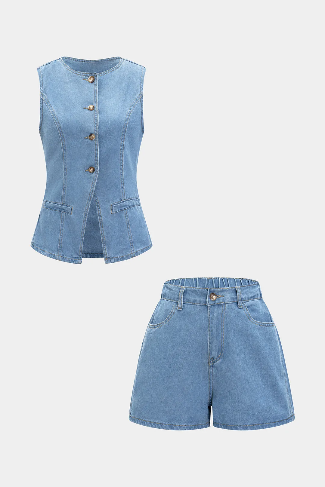 Denim Round Neck Button Sleeveless Top And High Waist Pocket Shorts Set sold by Micas product image thumbnail 5