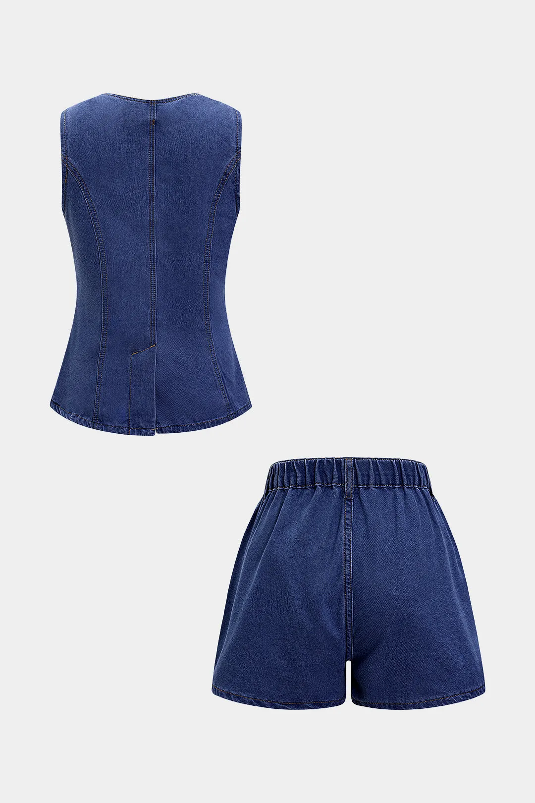Denim Round Neck Button Sleeveless Top And High Waist Pocket Shorts Set sold by Micas product image thumbnail 2