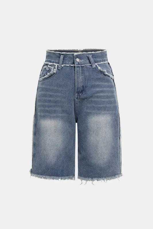 Denim Frayed High Waist Straight Leg Shorts sold by Micas