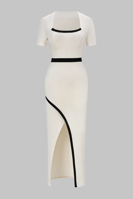 Contrast Binding Asymmetrical Slit Short Sleeve Maxi Dress sold by Micas