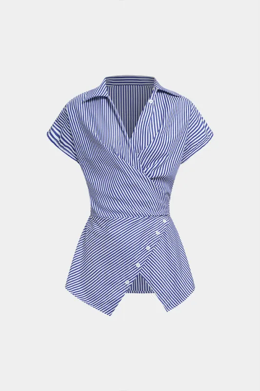 Striped V-Neck Asymmetrical Tie Back Short-Sleeve Shirt made by Micas