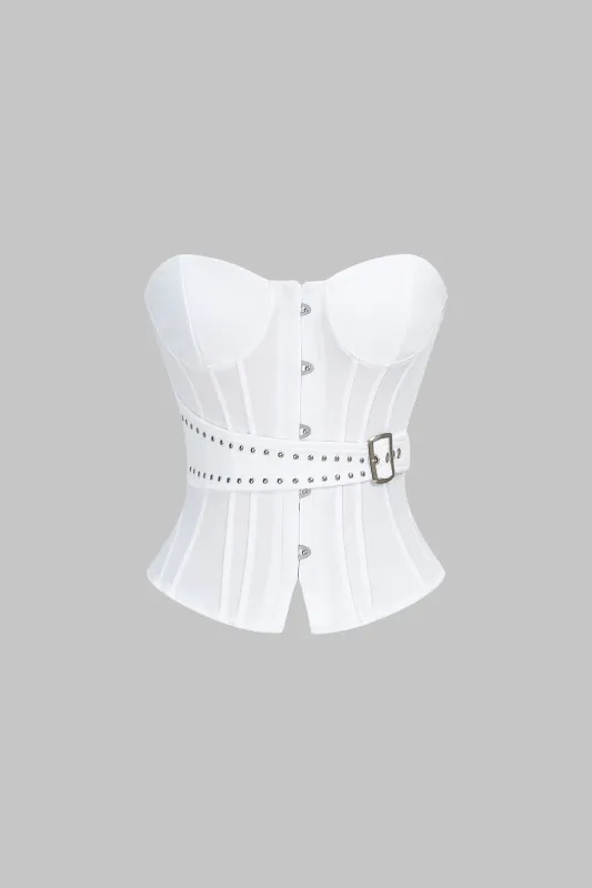 Asymmetrical Metallic Belted Corset Tube Top sold by Micas