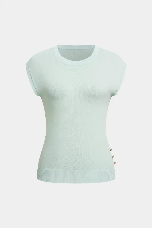 Knit Round Neck Metallic Button Tank Top sold by Micas