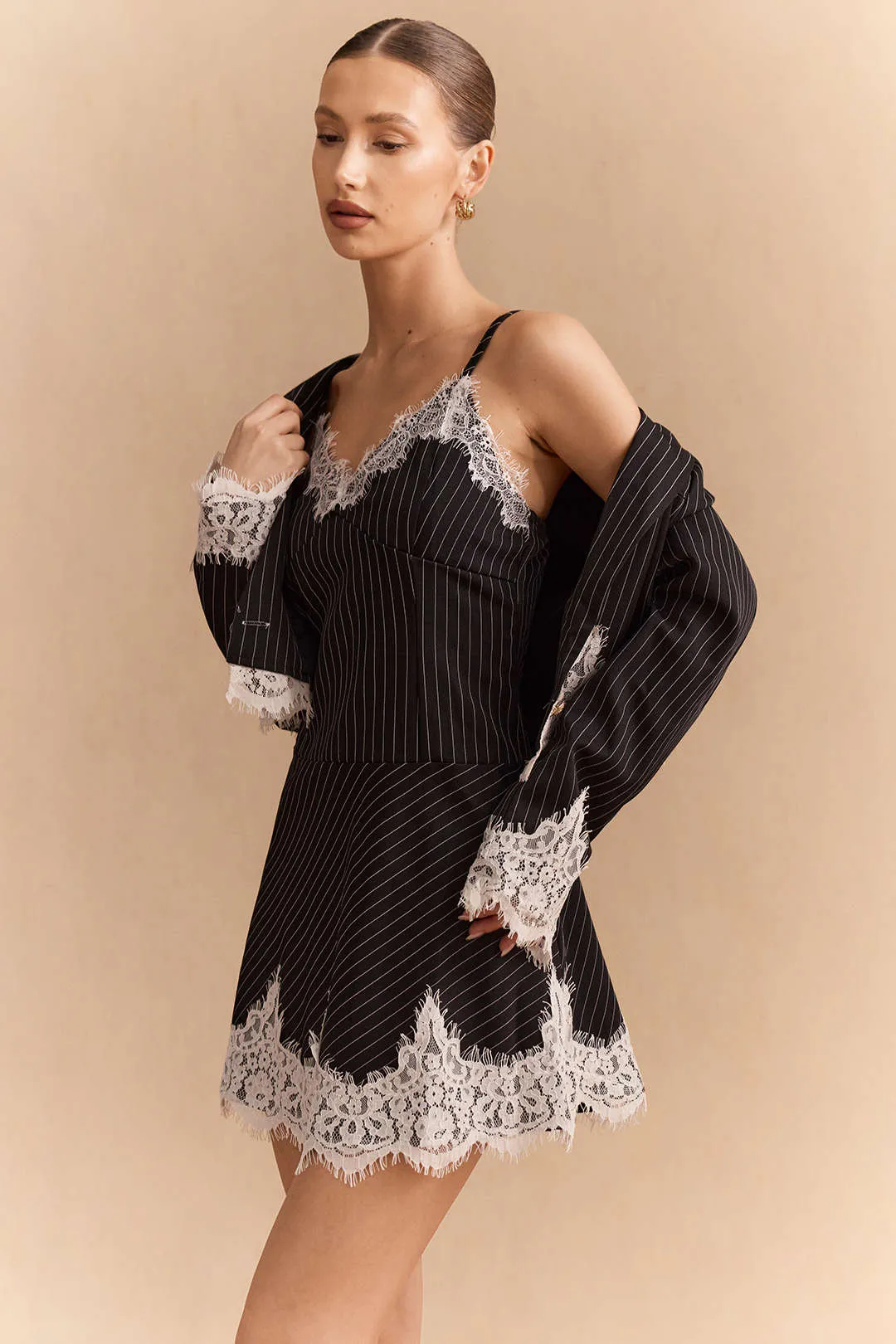 Striped Lace Patchwork Blazer And V-Neck Sleeveless Dress Set sold by Micas product image thumbnail 3